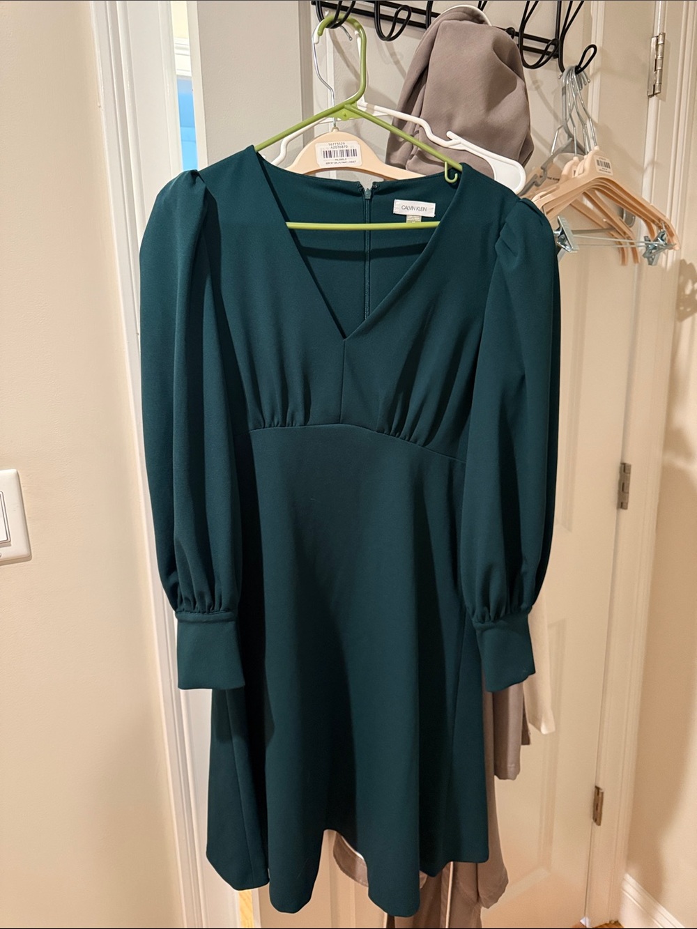 Calvin Klein Green Long Sleeve V-Neck Dress a line